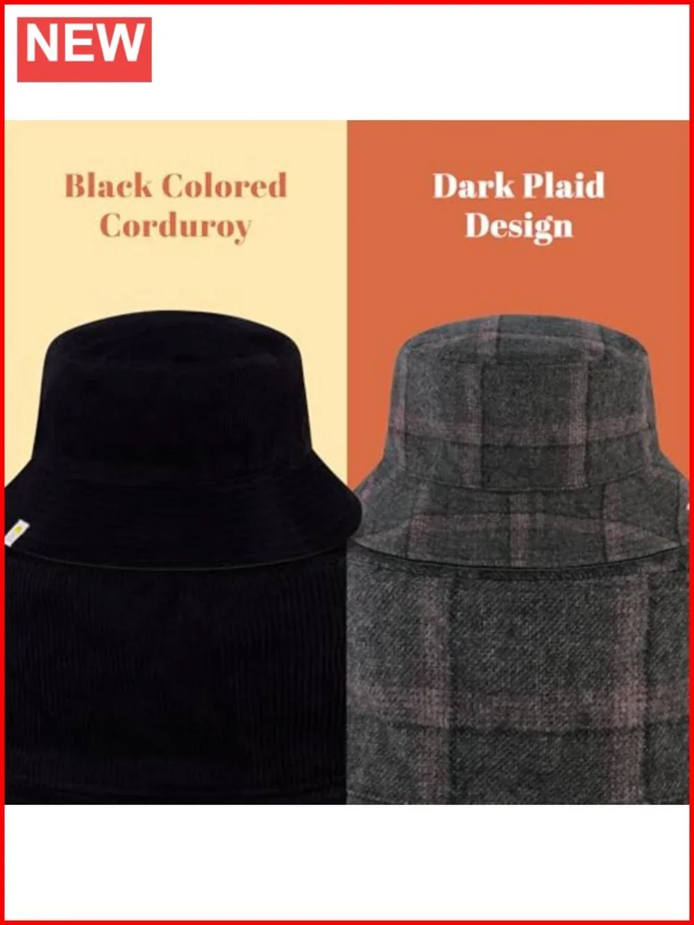 Reversible Corduroy & Plaid Bucket Hat, 100% Cotton Wide Brim Summer Hat, One